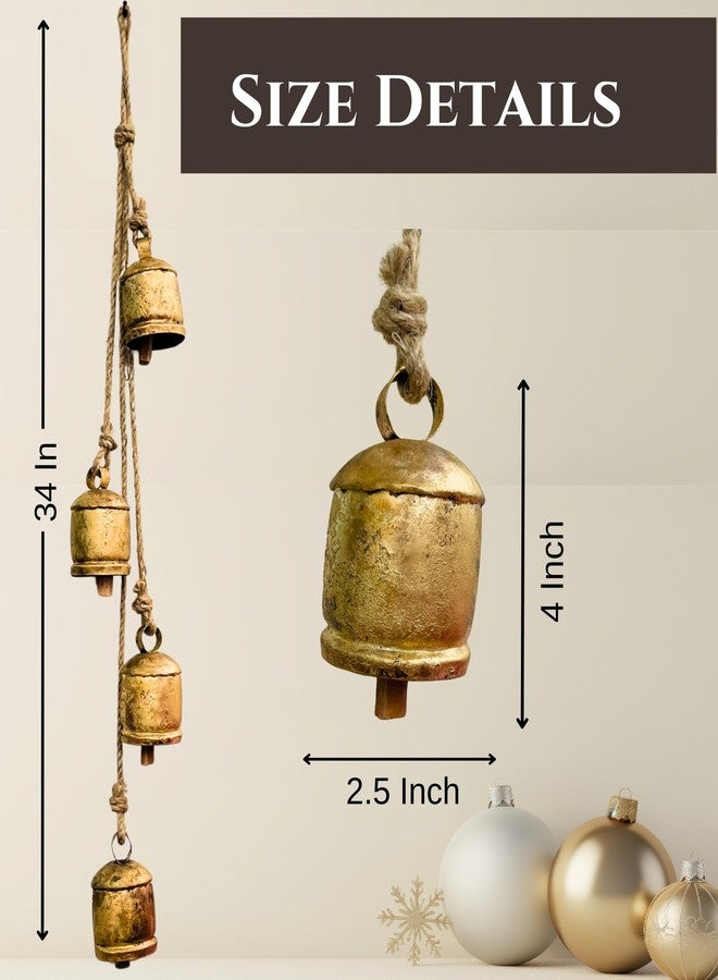 Mie Creations Mie Creation Set of 4 Rustic Vintage Cow Bells Cluster on Jute Rope, Christmas Tree Decorations, Handmade Metal Harmony Cowbells, Shabby Chic Wall Hanging, Holidays Wreath decor - Antique Gold 34 inch - Image 2